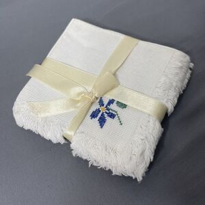 Set of Six Dainty Simple White Cross Stitch Napkins With Raw Fringe Hem
